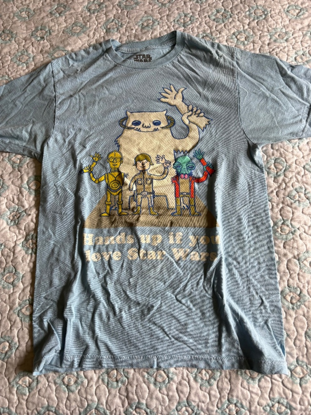 Star Wars “Hands Up If You Love Star Wars” Cartoon Graphic Tee Blue Small